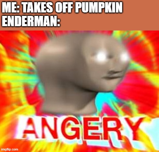 Surreal Angery | ME: TAKES OFF PUMPKIN
ENDERMAN: | image tagged in surreal angery | made w/ Imgflip meme maker