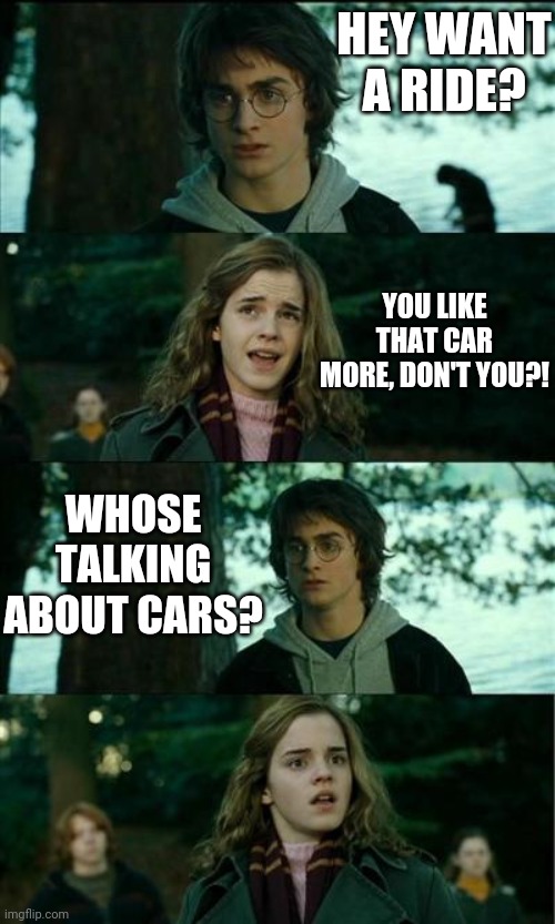 Harry Potter and Hermione | HEY WANT A RIDE? YOU LIKE THAT CAR MORE, DON'T YOU?! WHOSE TALKING ABOUT CARS? | image tagged in harry potter and hermione | made w/ Imgflip meme maker