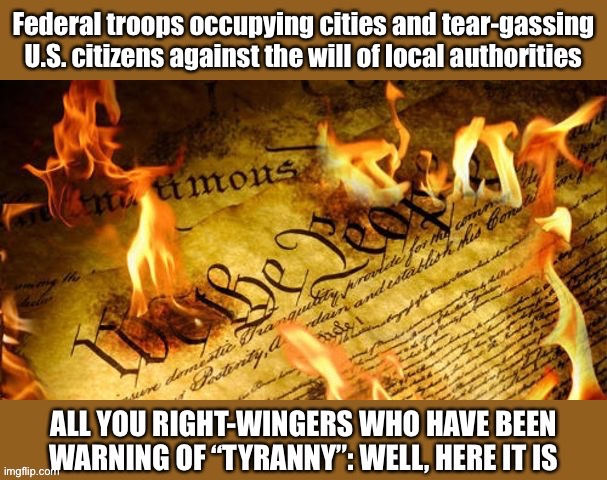 “Constitutional conservatives”: Speak now or forever hold your peace about “tyranny” coming for American citizens. It’s here. | image tagged in tyranny,constitution,us constitution,protests,trump,conservative hypocrisy | made w/ Imgflip meme maker