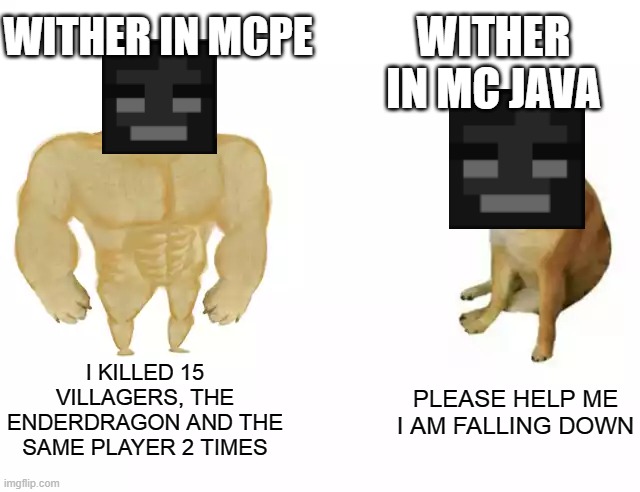 MCPE WITHER VS MC JAVA WITHER | WITHER IN MC JAVA; WITHER IN MCPE; I KILLED 15 VILLAGERS, THE ENDERDRAGON AND THE SAME PLAYER 2 TIMES; PLEASE HELP ME I AM FALLING DOWN | image tagged in buff doge vs cheems,minecraft | made w/ Imgflip meme maker