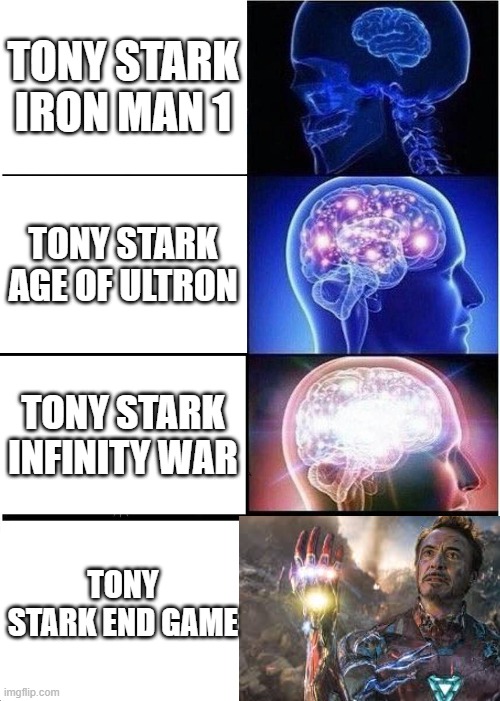 Expanding Brain Meme | TONY STARK IRON MAN 1; TONY STARK AGE OF ULTRON; TONY STARK INFINITY WAR; TONY STARK END GAME | image tagged in memes,expanding brain | made w/ Imgflip meme maker