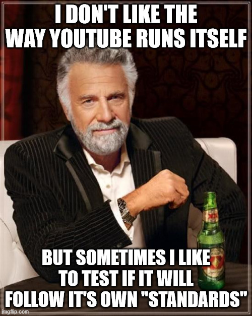 ''Standards'' | I DON'T LIKE THE WAY YOUTUBE RUNS ITSELF; BUT SOMETIMES I LIKE TO TEST IF IT WILL FOLLOW IT'S OWN "STANDARDS" | image tagged in memes,the most interesting man in the world | made w/ Imgflip meme maker