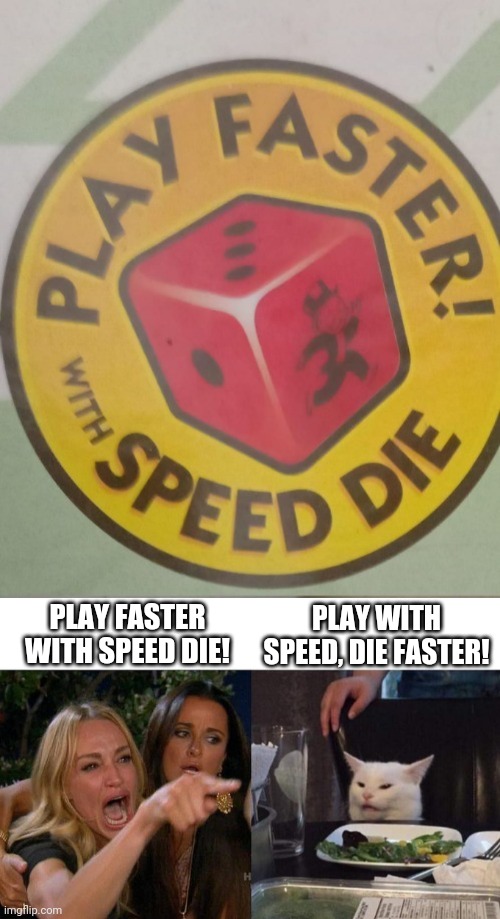 PLAY WITH SPEED, DIE FASTER! PLAY FASTER WITH SPEED DIE! | image tagged in memes,woman yelling at cat | made w/ Imgflip meme maker