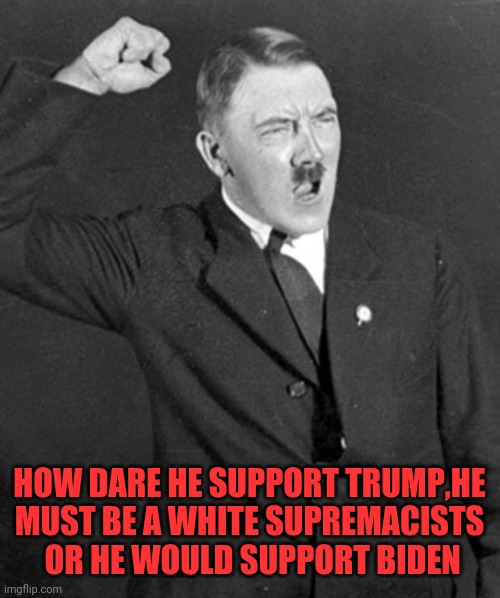 Angry Hitler | HOW DARE HE SUPPORT TRUMP,HE MUST BE A WHITE SUPREMACISTS  OR HE WOULD SUPPORT BIDEN | image tagged in angry hitler | made w/ Imgflip meme maker