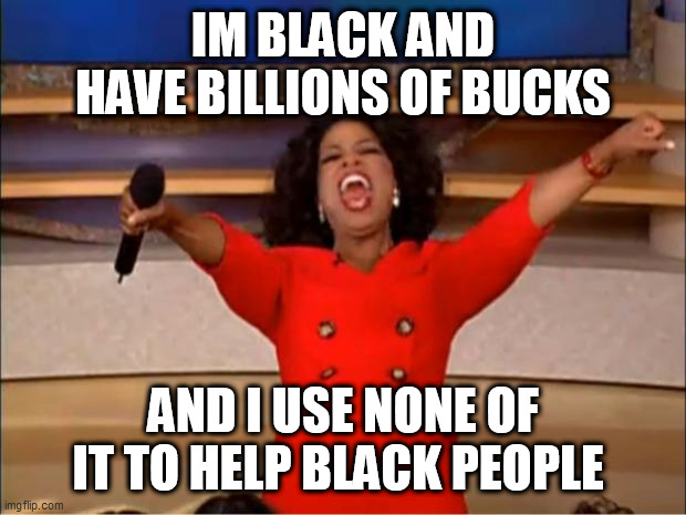 Oprah You Get A Meme | IM BLACK AND HAVE BILLIONS OF BUCKS; AND I USE NONE OF IT TO HELP BLACK PEOPLE | image tagged in memes,oprah you get a | made w/ Imgflip meme maker