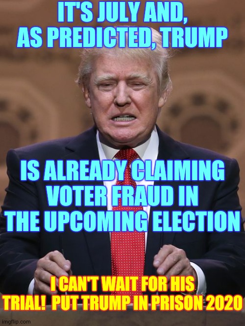 Coward Runs Through His Veins | IT'S JULY AND, AS PREDICTED, TRUMP; IS ALREADY CLAIMING VOTER FRAUD IN THE UPCOMING ELECTION; I CAN'T WAIT FOR HIS TRIAL!  PUT TRUMP IN PRISON 2020 | image tagged in donald trump,memes,trump unfit unqualified dangerous,liar in chief,lock him up,trump for prison 2020 | made w/ Imgflip meme maker