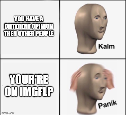 kalm panik | YOU HAVE A DIFFERENT OPINION THEN OTHER PEOPLE; YOUR'RE ON IMGFLP | image tagged in kalm panik | made w/ Imgflip meme maker