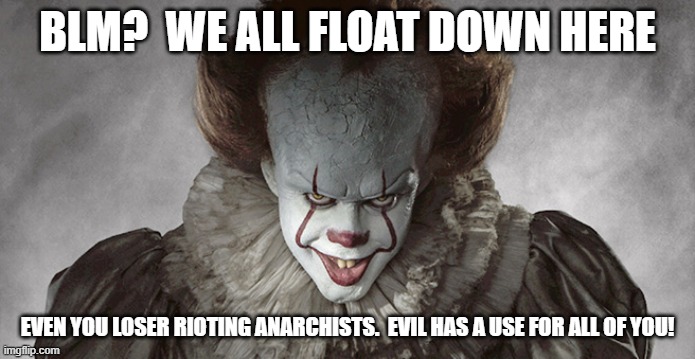 Penny Wise | BLM?  WE ALL FLOAT DOWN HERE; EVEN YOU LOSER RIOTING ANARCHISTS.  EVIL HAS A USE FOR ALL OF YOU! | image tagged in penny wise | made w/ Imgflip meme maker