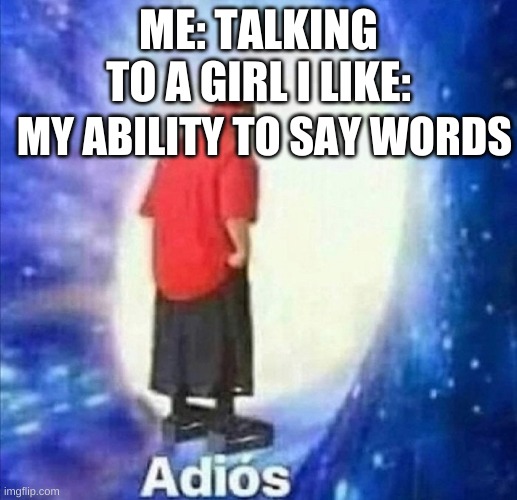 Adios | ME: TALKING TO A GIRL I LIKE:; MY ABILITY TO SAY WORDS | image tagged in adios | made w/ Imgflip meme maker