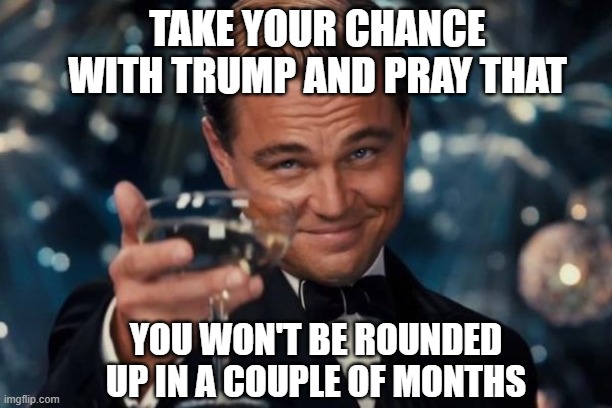 Leonardo Dicaprio Stormtrooper Are Coming Cheers | TAKE YOUR CHANCE WITH TRUMP AND PRAY THAT; YOU WON'T BE ROUNDED UP IN A COUPLE OF MONTHS | image tagged in memes,leonardo dicaprio cheers,stormtrooper,dictator,detention | made w/ Imgflip meme maker