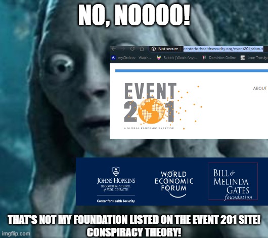 Bill Gates' Reaction When He's Caught Lying | NO, NOOOO! THAT'S NOT MY FOUNDATION LISTED ON THE EVENT 201 SITE!
CONSPIRACY THEORY! | image tagged in scared gollum | made w/ Imgflip meme maker