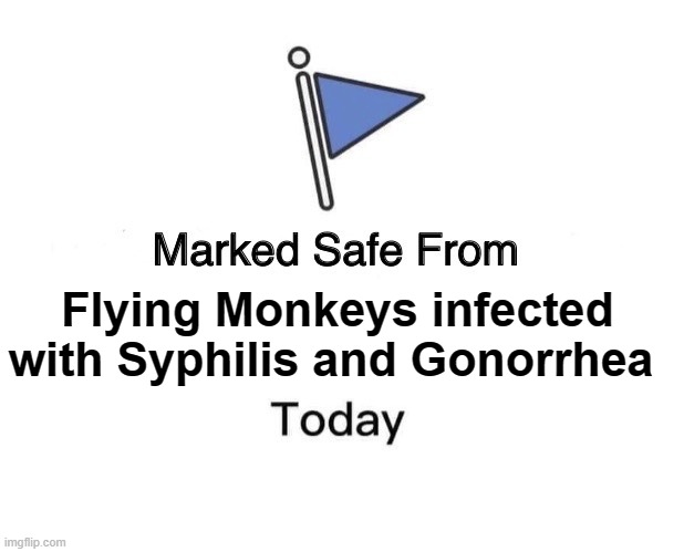 Phew!  Made it home safely | Flying Monkeys infected with Syphilis and Gonorrhea | image tagged in watch out,warning | made w/ Imgflip meme maker