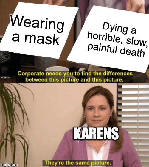 They’re the same thing | Dying a horrible, slow, painful death; Wearing a mask; KAREN’S | image tagged in theyre the same thing | made w/ Imgflip meme maker