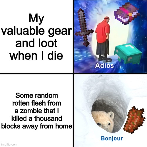At least I still have my dog | My valuable gear and loot when I die; Some random rotten flesh from a zombie that I killed a thousand blocks away from home | image tagged in adios bonjour,minecraft,memes,funny | made w/ Imgflip meme maker