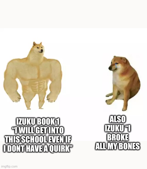 This very true | ALSO IZUKU “I BROKE ALL MY BONES; IZUKU BOOK 1 “I WILL GET INTO THIS SCHOOL EVEN IF I DONT HAVE A QUIRK” | image tagged in buff doge vs cheems | made w/ Imgflip meme maker
