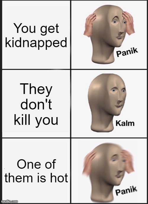 Panik Kalm Panik Meme | You get kidnapped; They don't kill you; One of them is hot | image tagged in memes,panik kalm panik | made w/ Imgflip meme maker