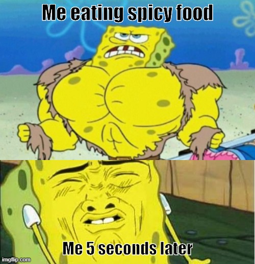 spicy | Me eating spicy food; Me 5 seconds later | image tagged in spongebob stink | made w/ Imgflip meme maker