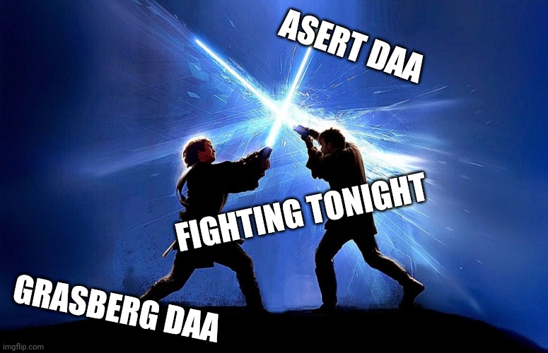 lightsaber battle | ASERT DAA; FIGHTING TONIGHT; GRASBERG DAA | image tagged in lightsaber battle | made w/ Imgflip meme maker