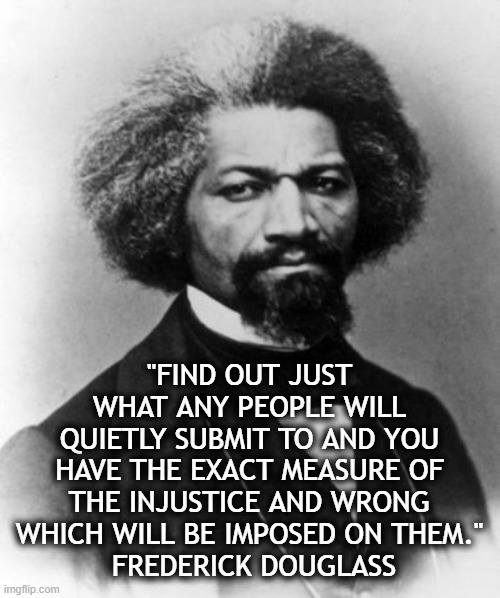 Frederick Douglass | "FIND OUT JUST WHAT ANY PEOPLE WILL QUIETLY SUBMIT TO AND YOU HAVE THE EXACT MEASURE OF THE INJUSTICE AND WRONG WHICH WILL BE IMPOSED ON THEM."
 FREDERICK DOUGLASS | image tagged in frederick douglass | made w/ Imgflip meme maker