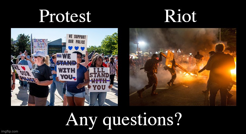 Protest, Riot - Any Questions? | image tagged in protest,riot,blm,maga,police | made w/ Imgflip meme maker