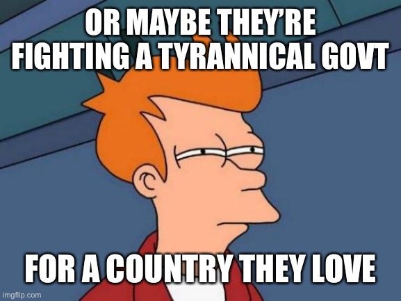 Futurama Fry Meme | OR MAYBE THEY’RE FIGHTING A TYRANNICAL GOVT FOR A COUNTRY THEY LOVE | image tagged in memes,futurama fry | made w/ Imgflip meme maker