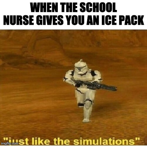 The Medic | WHEN THE SCHOOL NURSE GIVES YOU AN ICE PACK | image tagged in just like the simulations | made w/ Imgflip meme maker