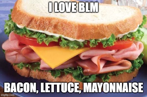 Sandwich | I LOVE BLM; BACON, LETTUCE, MAYONNAISE | image tagged in sandwich | made w/ Imgflip meme maker