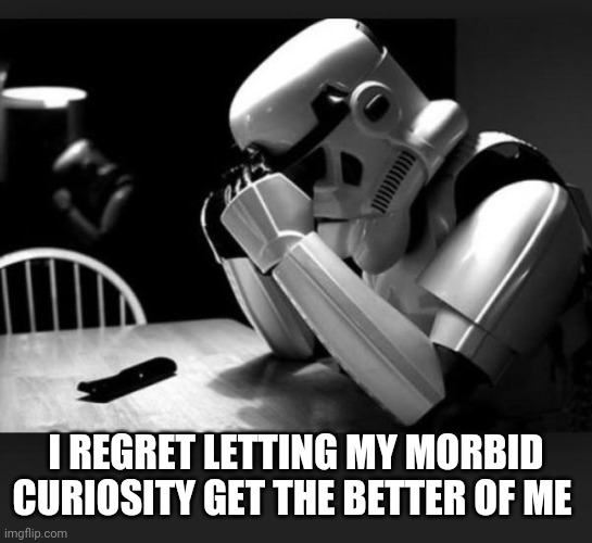 Regret | I REGRET LETTING MY MORBID CURIOSITY GET THE BETTER OF ME | image tagged in regret | made w/ Imgflip meme maker