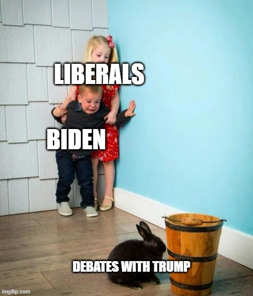 They SHOULD be scared. I can't wait for it. I'm going to get some serious entertainment out of them. | LIBERALS; BIDEN; DEBATES WITH TRUMP | image tagged in children scared of rabbit,memes,politics,trump 2020,sleepy joe,ConservativeMemes | made w/ Imgflip meme maker