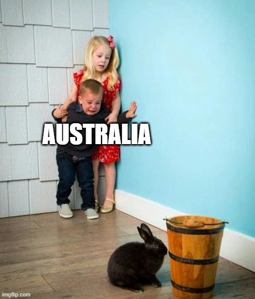 After their involvement in the Great Emu War, they SHOULD be scared XD | AUSTRALIA | image tagged in children scared of rabbit,memes,great emu war,rabbit,history,australia | made w/ Imgflip meme maker