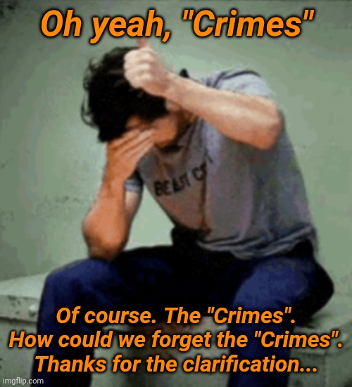 Oh yeah, "Crimes" Of course. The "Crimes". How could we forget the "Crimes". Thanks for the clarification... | made w/ Imgflip meme maker