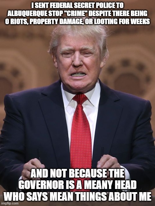 Donald Trump | I SENT FEDERAL SECRET POLICE TO ALBUQUERQUE STOP "CRIME" DESPITE THERE BEING 0 RIOTS, PROPERTY DAMAGE, OR LOOTING FOR WEEKS; AND NOT BECAUSE THE GOVERNOR IS A MEANY HEAD WHO SAYS MEAN THINGS ABOUT ME | image tagged in donald trump | made w/ Imgflip meme maker