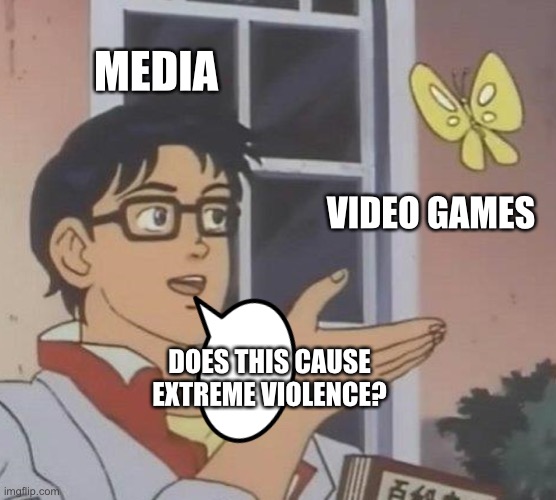 Is This A Pigeon | MEDIA; VIDEO GAMES; DOES THIS CAUSE EXTREME VIOLENCE? | image tagged in memes,is this a pigeon | made w/ Imgflip meme maker