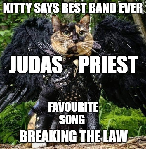 Kitty Like Rock n Roll | KITTY SAYS BEST BAND EVER; JUDAS    PRIEST; FAVOURITE SONG; BREAKING THE LAW | image tagged in kitty,funny memes,funny meme | made w/ Imgflip meme maker