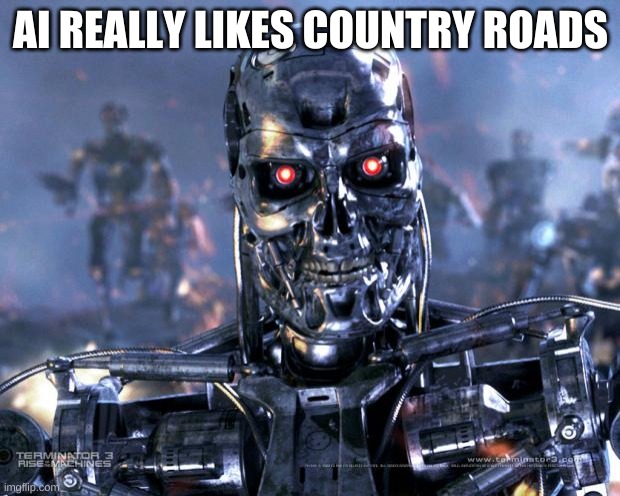 Terminator Robot T-800 | AI REALLY LIKES COUNTRY ROADS | image tagged in terminator robot t-800 | made w/ Imgflip meme maker