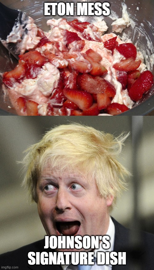 ETON MESS; JOHNSON'S SIGNATURE DISH | image tagged in boris johnson | made w/ Imgflip meme maker