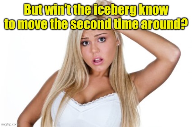 Dumb Blonde | But win’t the iceberg know to move the second time around? | image tagged in dumb blonde | made w/ Imgflip meme maker