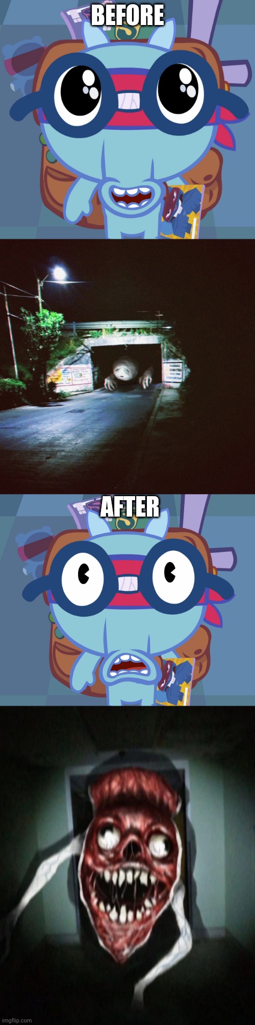 BEFORE; AFTER | image tagged in angry bridge worm,scared bridge worm,sniffles's cute eyes htf,surprised sniffles htf | made w/ Imgflip meme maker