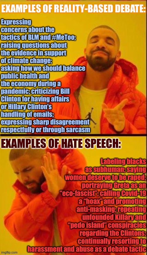 Some speech is so inhumane, so defamatory, & even deadly that platforms have a right, some would say obligation, not to publish | image tagged in hate speech,drake hotline bling,free speech,freedom of speech,fake news,nonsense | made w/ Imgflip meme maker
