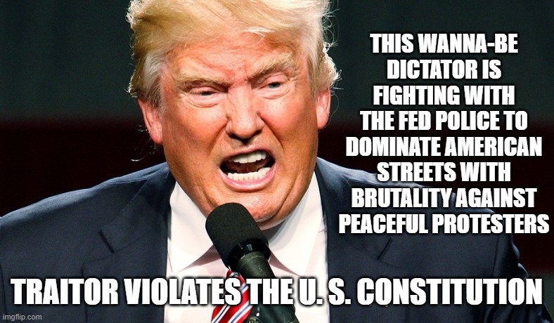 Americans Say HELL NO to a Dictator! | THIS WANNA-BE DICTATOR IS FIGHTING WITH THE FED POLICE TO DOMINATE AMERICAN STREETS WITH BRUTALITY AGAINST PEACEFUL PROTESTERS; TRAITOR VIOLATES THE U. S. CONSTITUTION | image tagged in impeached,corrupt,criminal,traitor,civil war,dictator | made w/ Imgflip meme maker