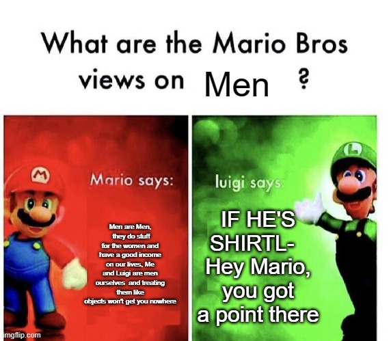 M E N | Men; Men are Men,  they do stuff for the women and have a good income on our lives, Me and Luigi are men ourselves  and treating them like objects won't get you nowhere; IF HE'S SHIRTL-   Hey Mario, you got a point there | image tagged in mario bros views,memes | made w/ Imgflip meme maker