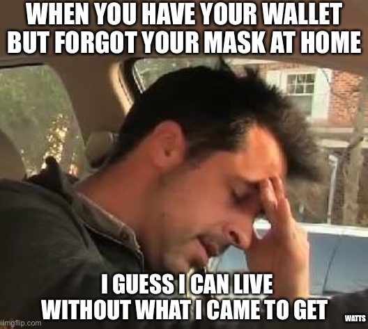 Forgot my Mask | WHEN YOU HAVE YOUR WALLET BUT FORGOT YOUR MASK AT HOME; I GUESS I CAN LIVE WITHOUT WHAT I CAME TO GET; WATTS | image tagged in face palm,i think i forgot something,face mask | made w/ Imgflip meme maker