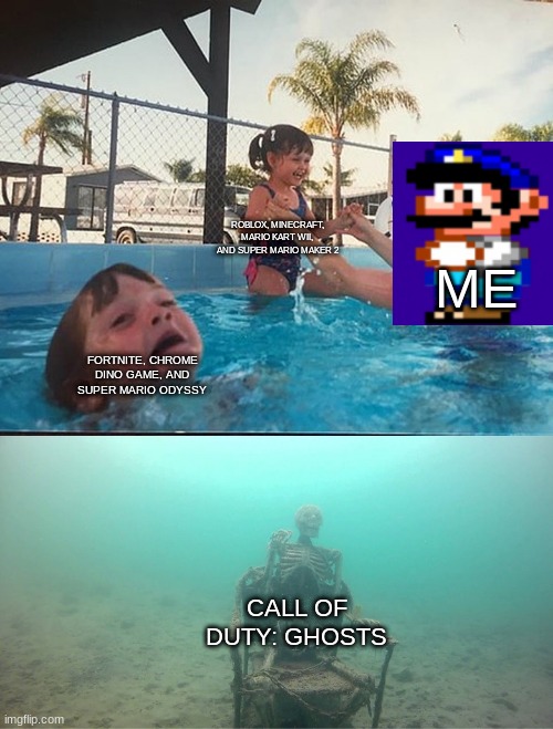 LIFE | ROBLOX, MINECRAFT, MARIO KART WII, AND SUPER MARIO MAKER 2; ME; FORTNITE, CHROME DINO GAME, AND SUPER MARIO ODYSSY; CALL OF DUTY: GHOSTS | image tagged in mother ignoring kid drowning in a pool | made w/ Imgflip meme maker