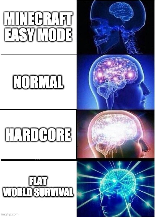 Expanding Brain | MINECRAFT EASY MODE; NORMAL; HARDCORE; FLAT WORLD SURVIVAL | image tagged in memes,expanding brain | made w/ Imgflip meme maker