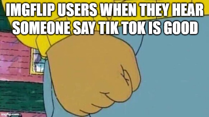 imgflip users hate tik tokers | IMGFLIP USERS WHEN THEY HEAR; SOMEONE SAY TIK TOK IS GOOD | image tagged in memes,arthur fist | made w/ Imgflip meme maker