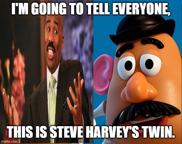 Steve Harvey and Mr.Potato head. | I'M GOING TO TELL EVERYONE, THIS IS STEVE HARVEY'S TWIN. | image tagged in steve harvey,mr potato head | made w/ Imgflip meme maker
