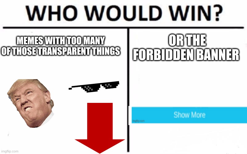 I also hate memes with too many templates | MEMES WITH TOO MANY OF THOSE TRANSPARENT THINGS; OR THE FORBIDDEN BANNER | image tagged in memes,who would win | made w/ Imgflip meme maker