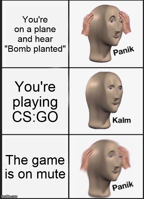 Who plays CSGO on planes? | You're on a plane and hear "Bomb planted"; You're playing CS:GO; The game is on mute | image tagged in memes,panik kalm panik,airplane | made w/ Imgflip meme maker