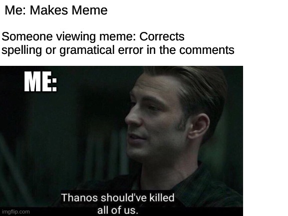 We can all admit this has happened to all of us | Me: Makes Meme; Someone viewing meme: Corrects spelling or gramatical error in the comments; ME: | image tagged in memes,thanos should have killed all of us,avengers | made w/ Imgflip meme maker