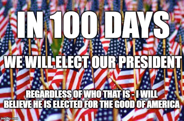 100 Days | IN 100 DAYS; WE WILL ELECT OUR PRESIDENT; REGARDLESS OF WHO THAT IS - I WILL BELIEVE HE IS ELECTED FOR THE GOOD OF AMERICA | image tagged in election,republican,democrat,election 2020,conservative,liberal | made w/ Imgflip meme maker